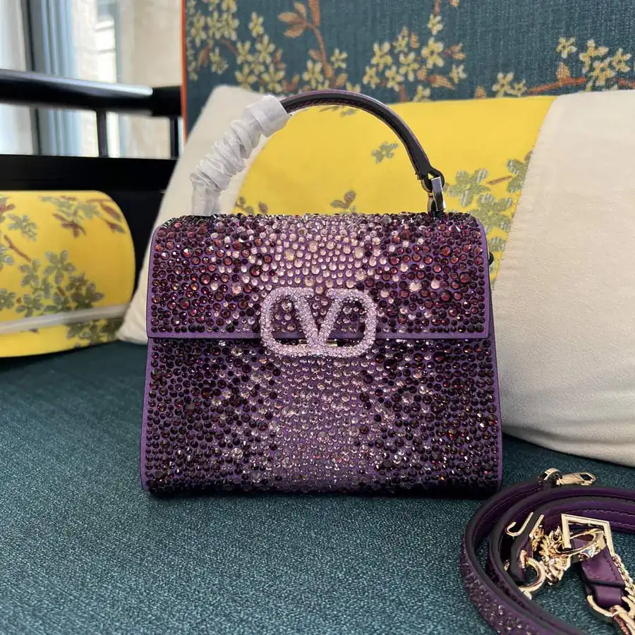 VSLING Mini Solid Crystal Embellished Calfskin Bag with Adjustable Strap