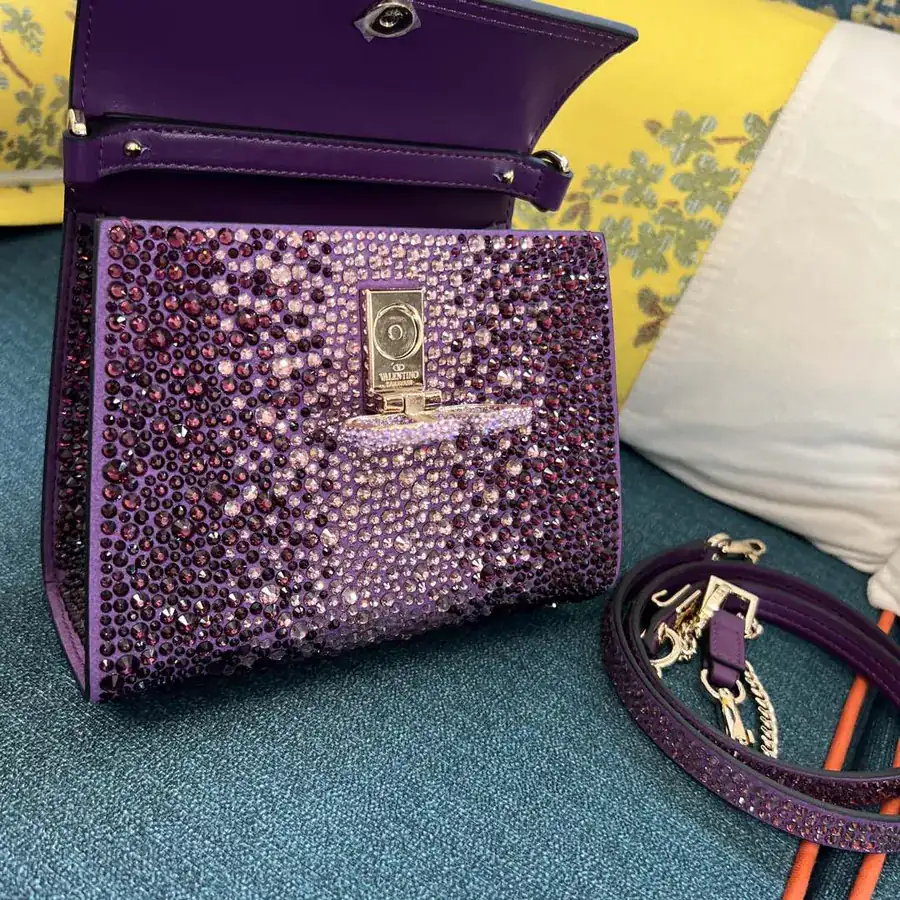 VSLING Mini Solid Crystal Embellished Calfskin Bag with Adjustable Strap