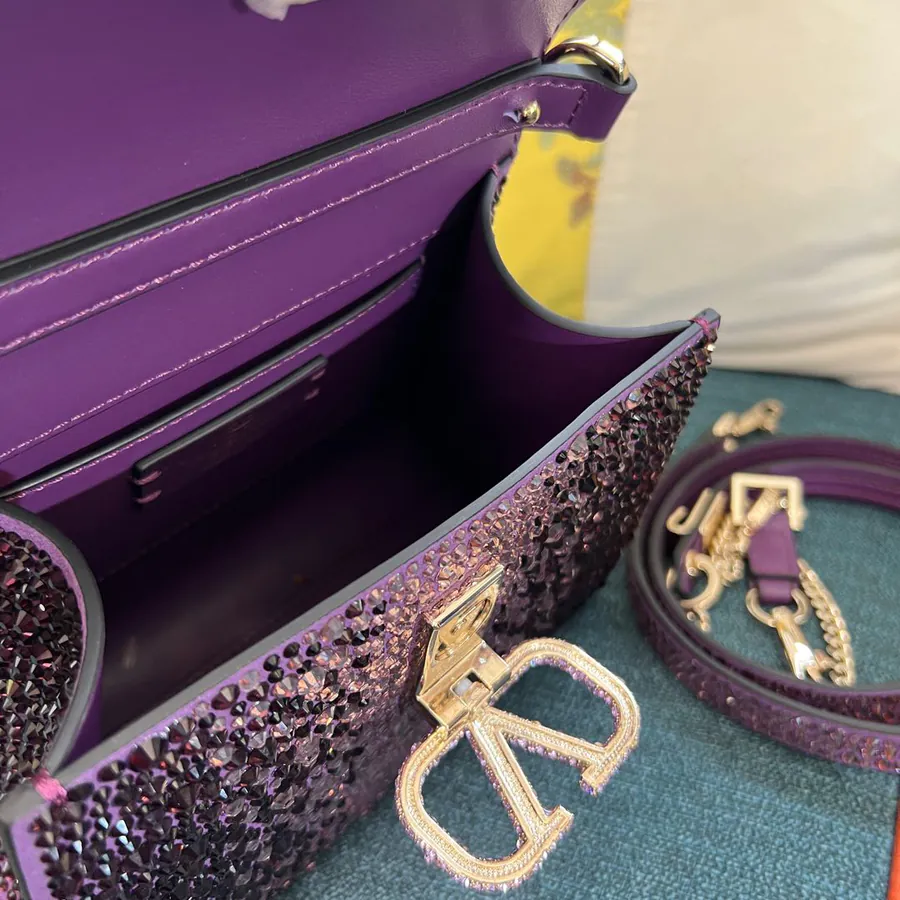 VSLING Mini Solid Crystal Embellished Calfskin Bag with Adjustable Strap