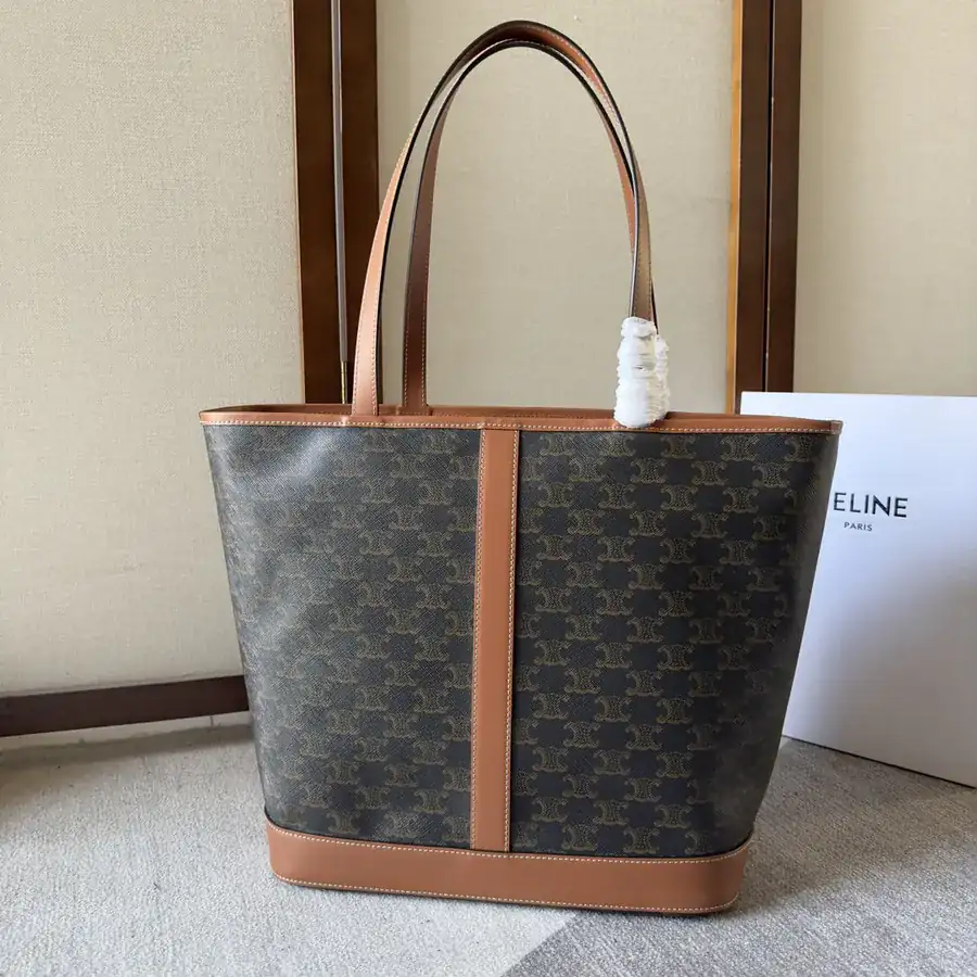 CELINE CABAS Medium Canvas Print Leather Handbag