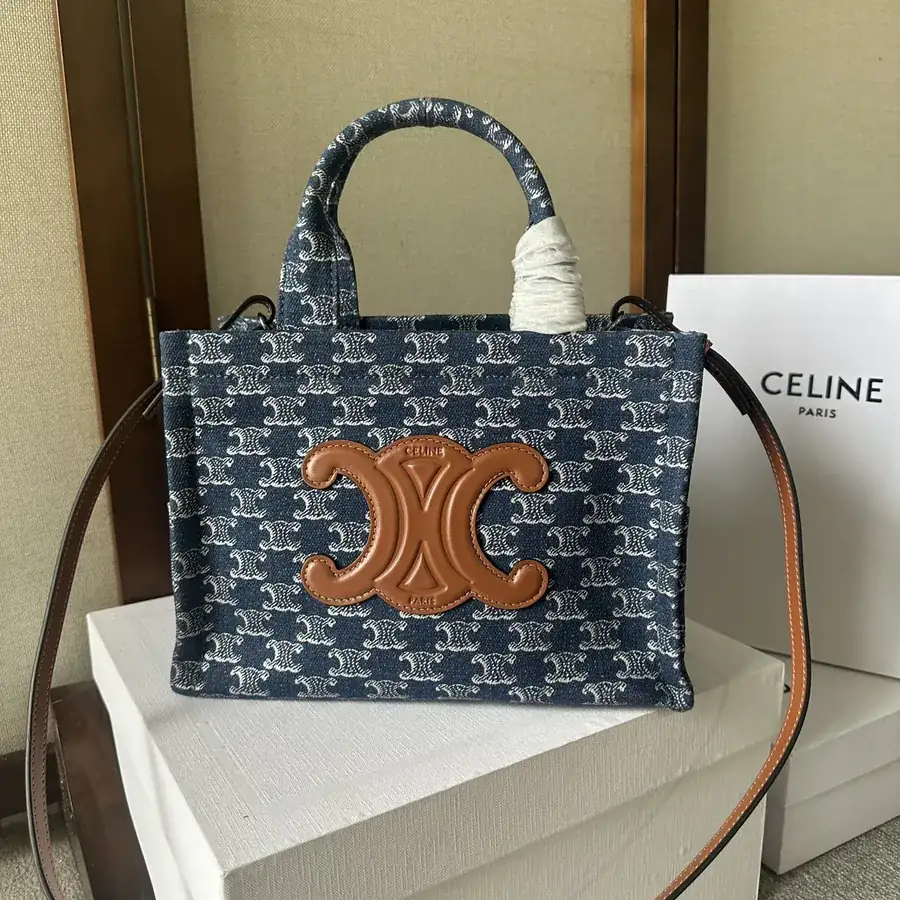 CELIN E 24S Denim Bucket Bag with Triomphe Leather and Fabric Lining