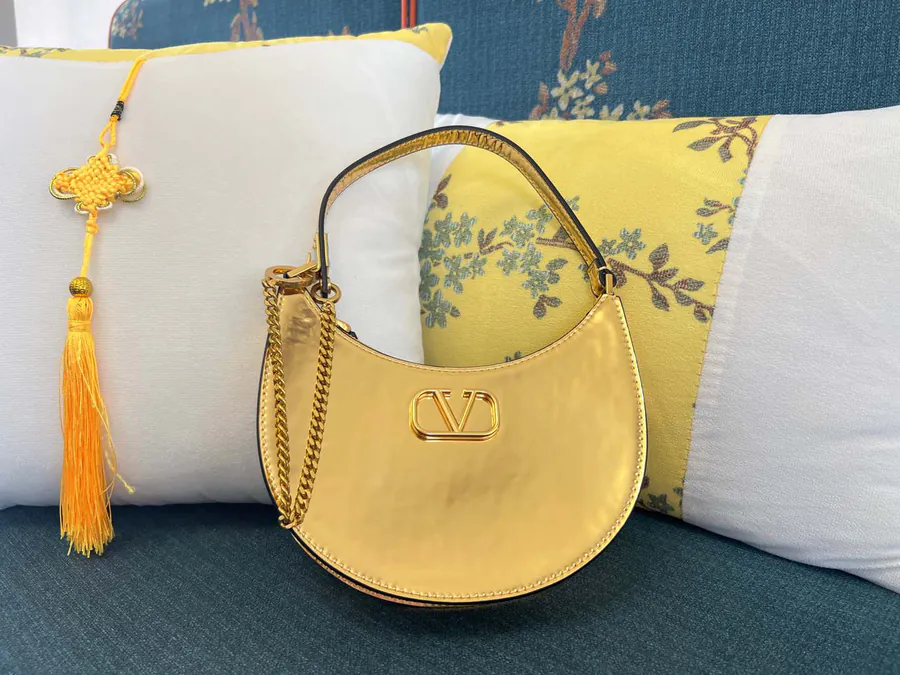 VLOGO Signature Mini Glossy Calfskin Hobo Bag with Adjustable Chain Strap