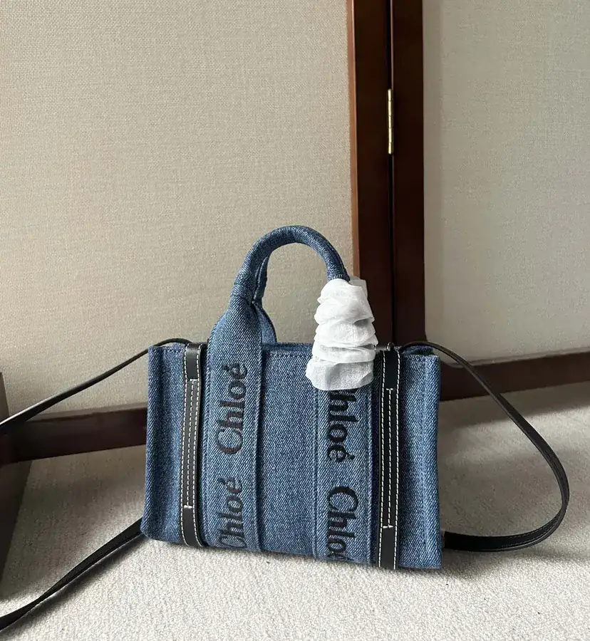 Chloé Mini Woody Tote Bag with Denim Fabric