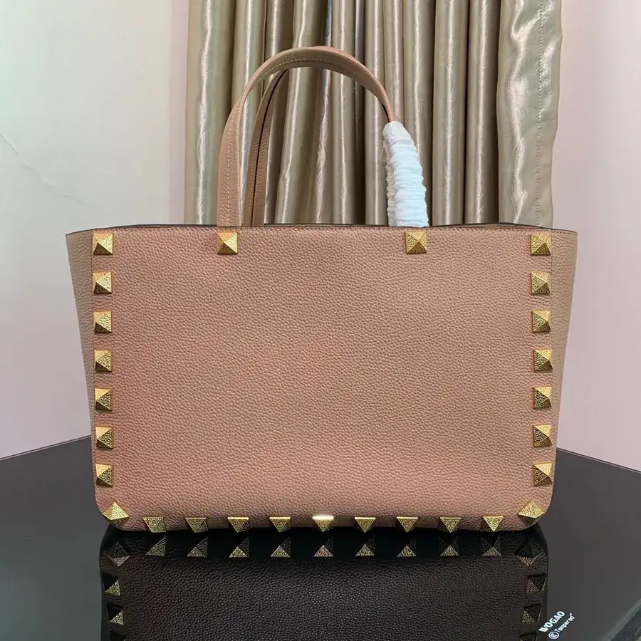 New Garavani Rockstud Calfskin Shopping Bag with Camel Print