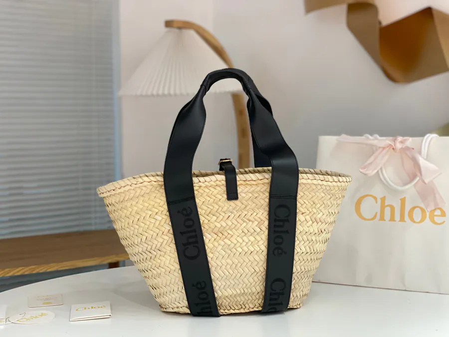 Chloe New Straw Basket Bag with Grained Calfskin