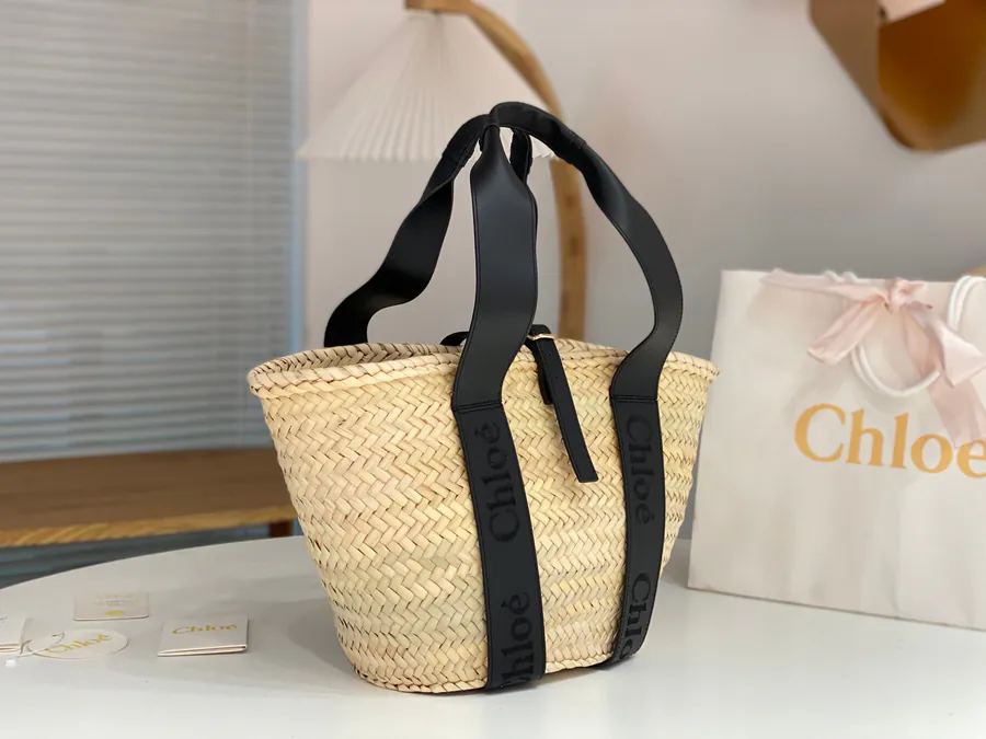 Chloe New Straw Basket Bag with Grained Calfskin