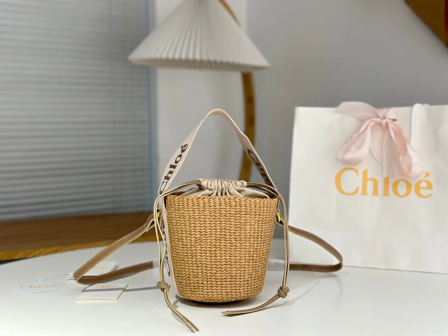 Chloe Woody Straw Bucket Bag in Blush Pink