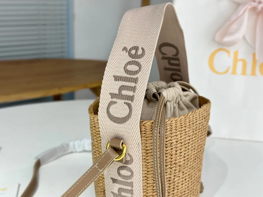 Chloe Woody Straw Bucket Bag in Blush Pink