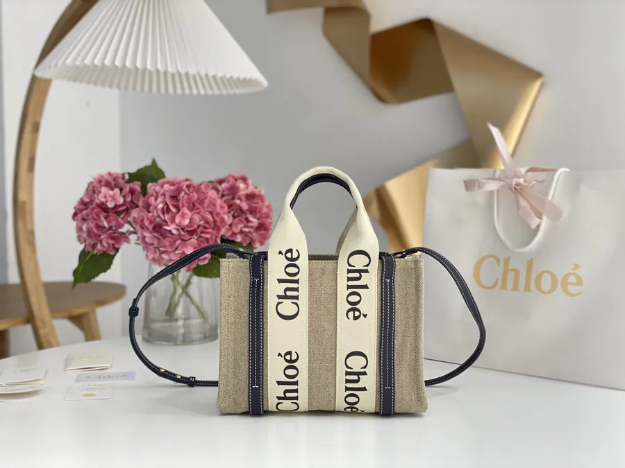 Chloe Woody Mini Tote Bag Midnight Blue Linen