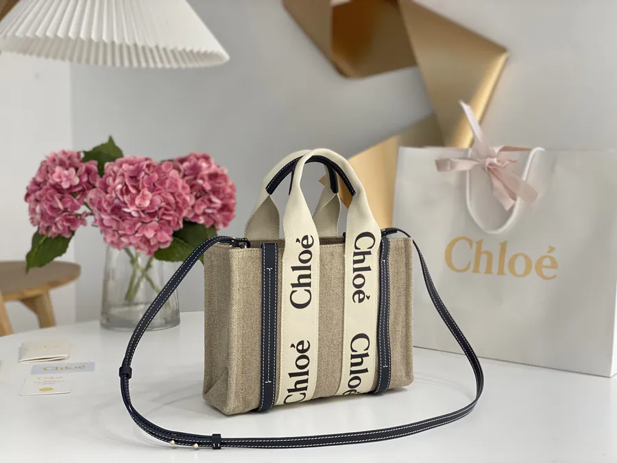 Chloe Woody Mini Tote Bag Midnight Blue Linen