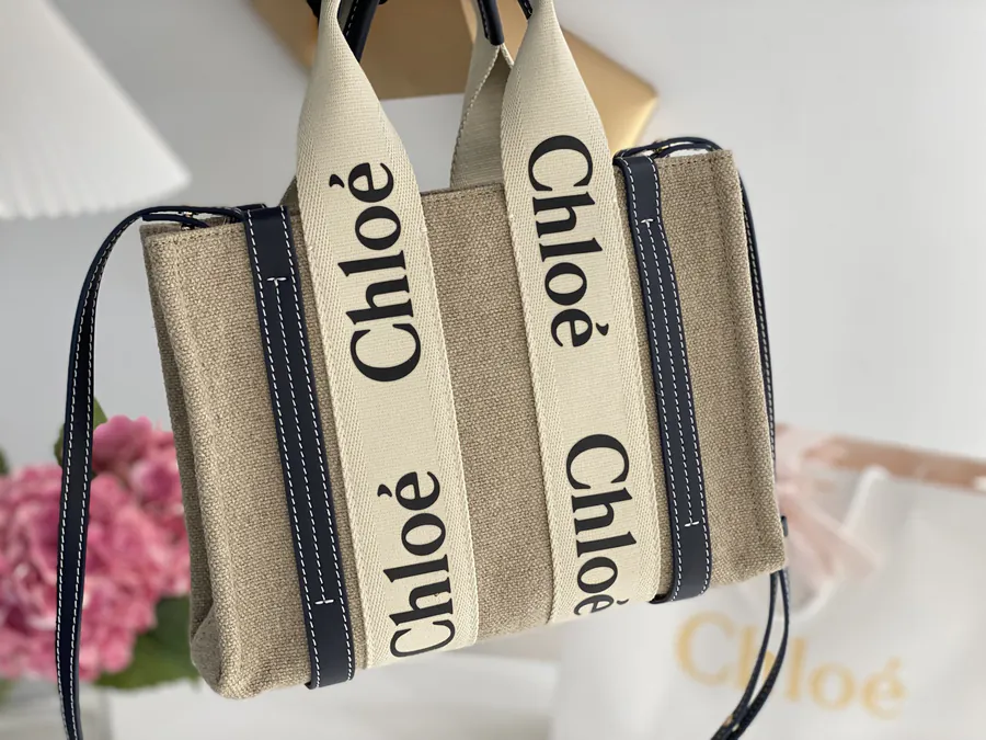 Chloe Woody Mini Tote Bag Midnight Blue Linen