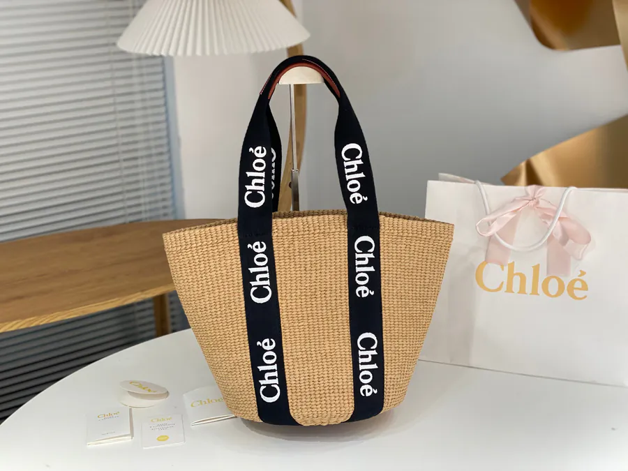Chloe Woody Large Straw Bag with Panda Color