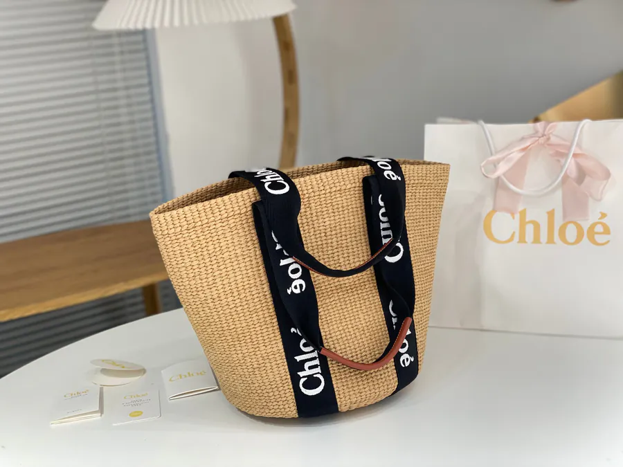 Chloe Woody Large Straw Bag with Panda Color
