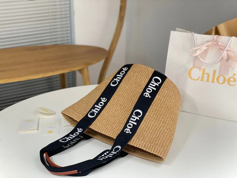 Chloe Woody Large Straw Bag with Panda Color