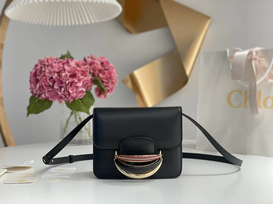 Chloe Kattie Bucket Bag Grained Calfskin, Walnut Wood, Metal Ring