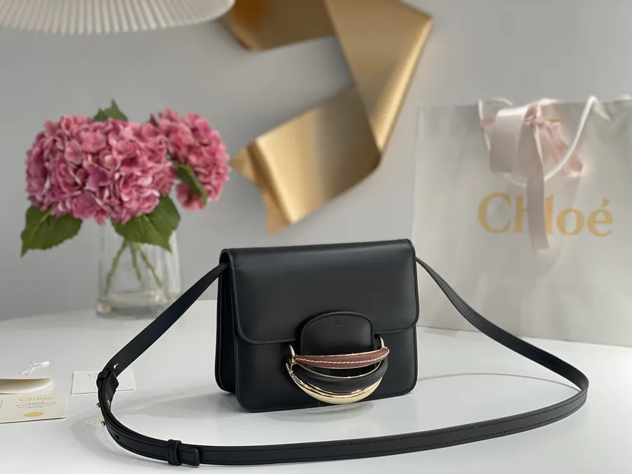 Chloe Kattie Bucket Bag Grained Calfskin, Walnut Wood, Metal Ring