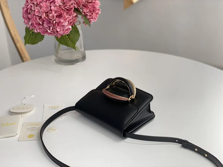 Chloe Kattie Bucket Bag Grained Calfskin, Walnut Wood, Metal Ring