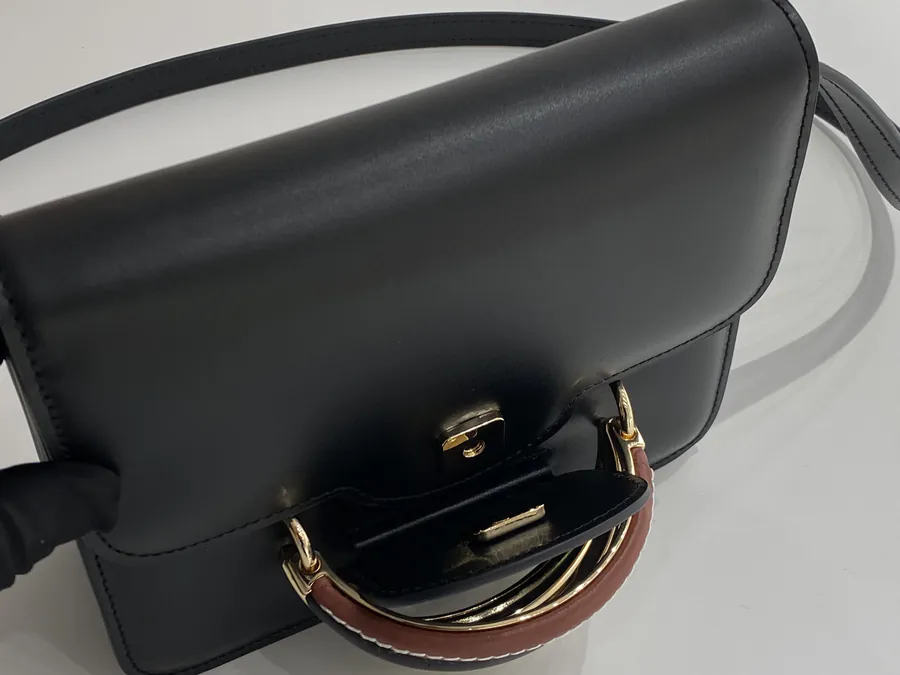 Chloe Kattie Bucket Bag Grained Calfskin, Walnut Wood, Metal Ring