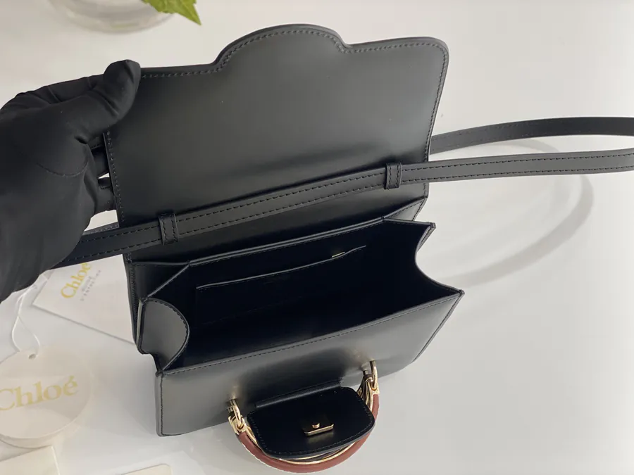 Chloe Kattie Bucket Bag Grained Calfskin, Walnut Wood, Metal Ring