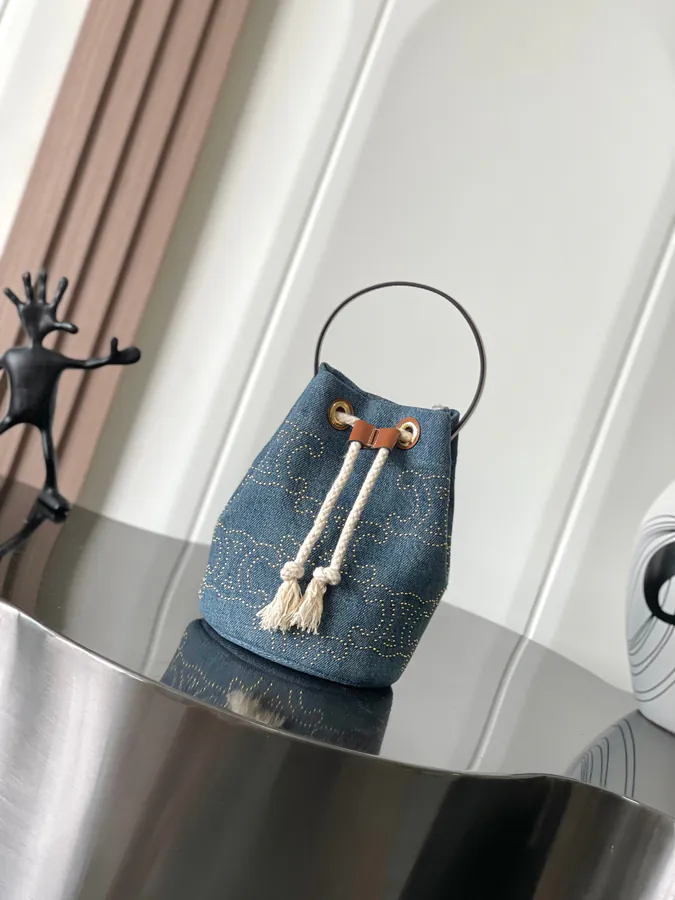 CELIN* 24s New TEEN Rivet Denim Fabric & Leather Bucket Bag