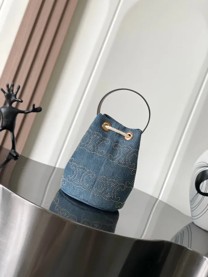 CELIN* 24s New TEEN Rivet Denim Fabric & Leather Bucket Bag