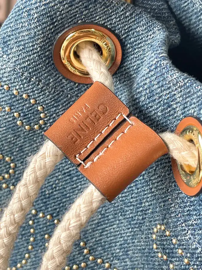 CELIN* 24s New TEEN Rivet Denim Fabric & Leather Bucket Bag