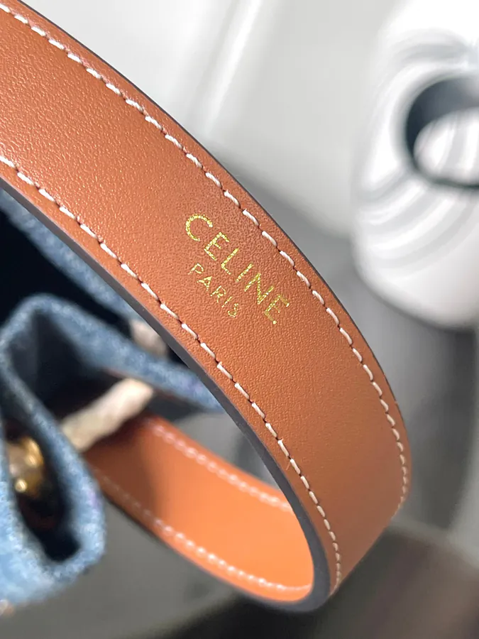 CELIN* 24s New TEEN Rivet Denim Fabric & Leather Bucket Bag
