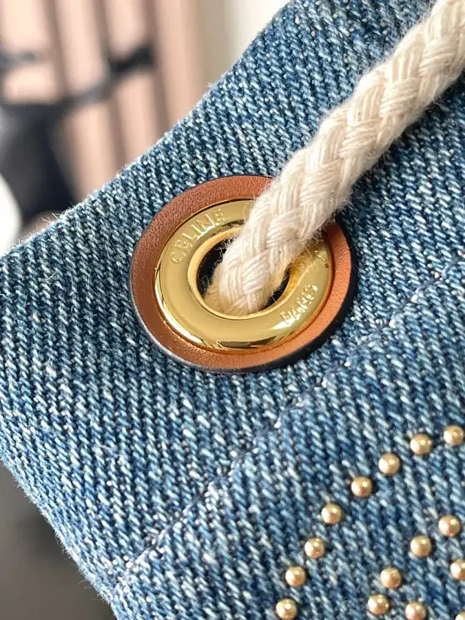 CELIN* 24s New TEEN Rivet Denim Fabric & Leather Bucket Bag