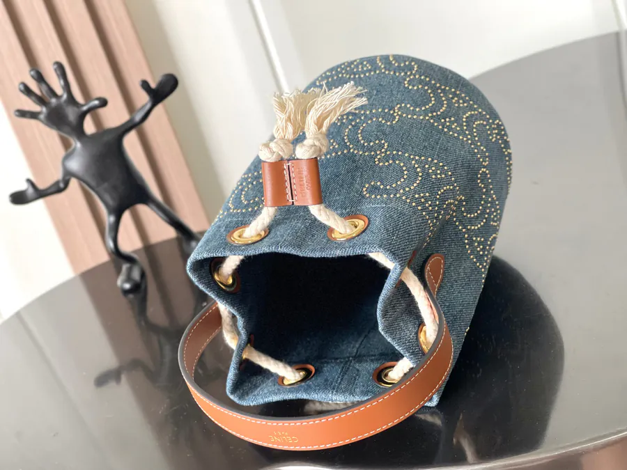 CELIN* 24s New TEEN Rivet Denim Fabric & Leather Bucket Bag