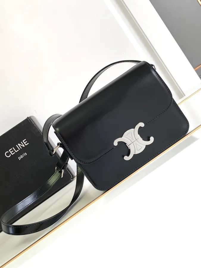 CELIN* Teen Triomphe Handbag in Black Grained Calfskin
