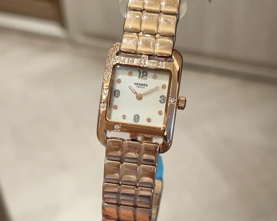 Hermès 3Q Pink Rose Mother of Pearl Diamond Watch with Swift Calfskin Strap