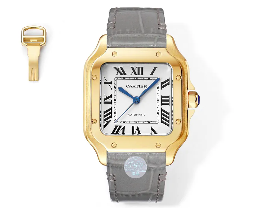 Cartier New Santos Men's Watch with Grained Calfskin and Gold Plating