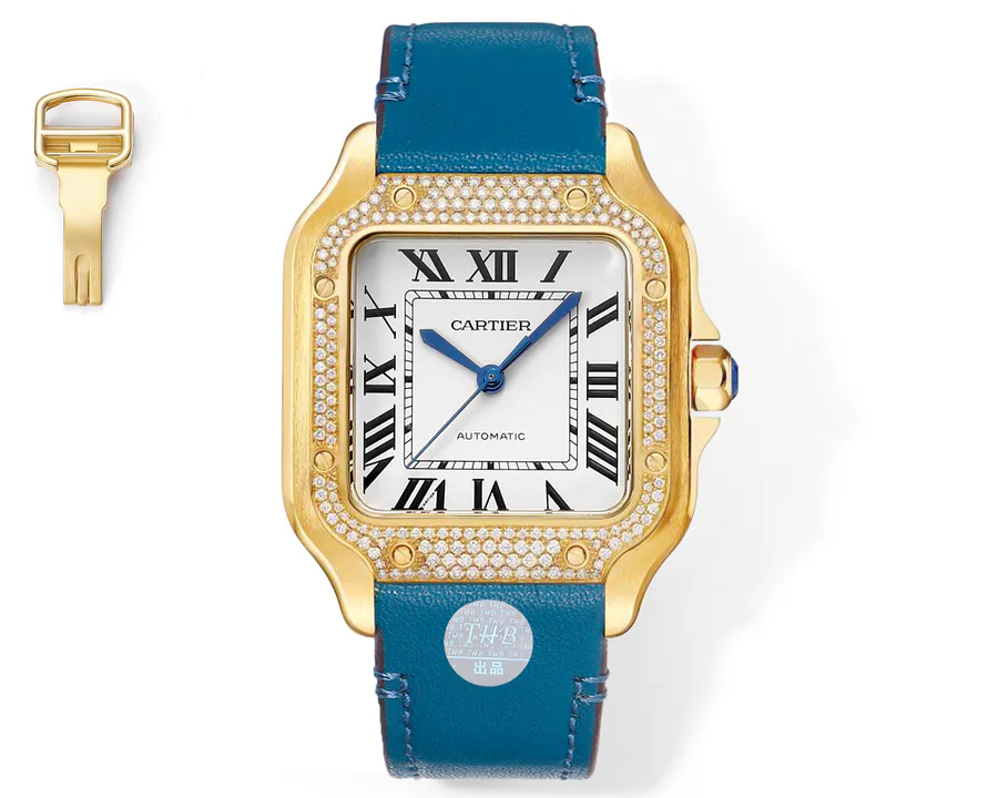 Cartier New Santos Men's Watch with Grained Calfskin and Gold Plating