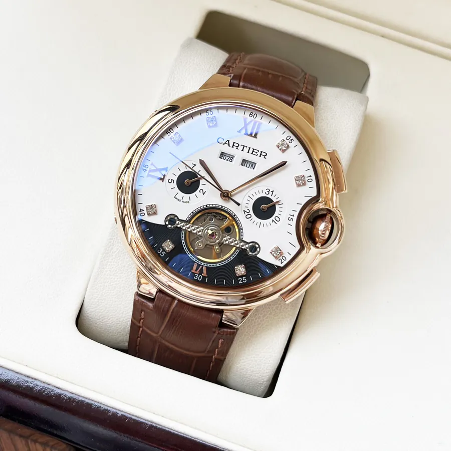 Cartier Men's Watch Automatic Mechanical Movement, Grained Calfskin Case, Leather Strap Elegant and Classic