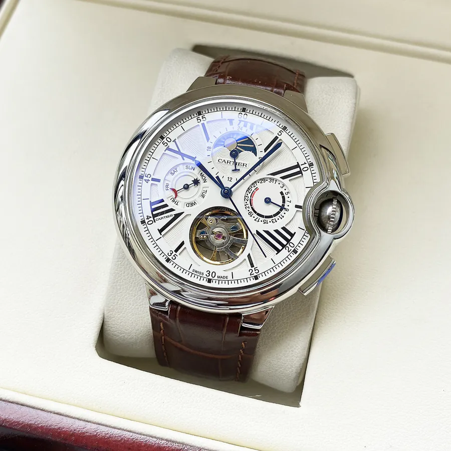 Cartier Men's Watch Automatic Mechanical Movement, Grained Calfskin Case, Leather Strap