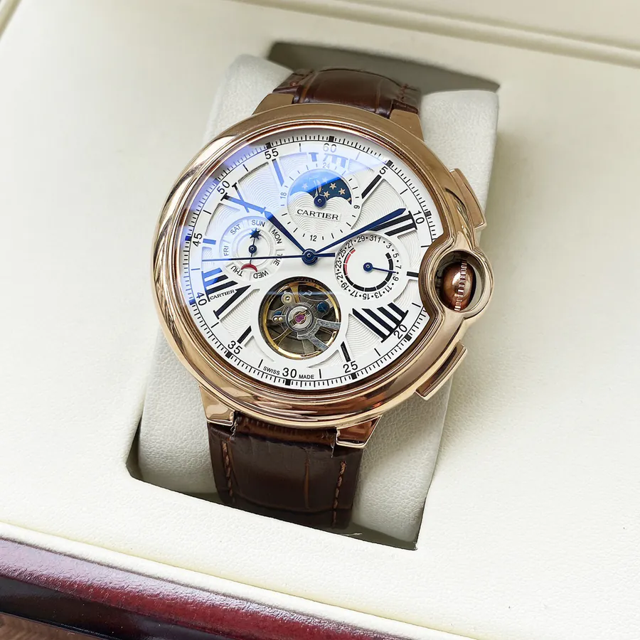 Cartier Men's Watch Automatic Mechanical Movement, Grained Calfskin Case, Leather Strap