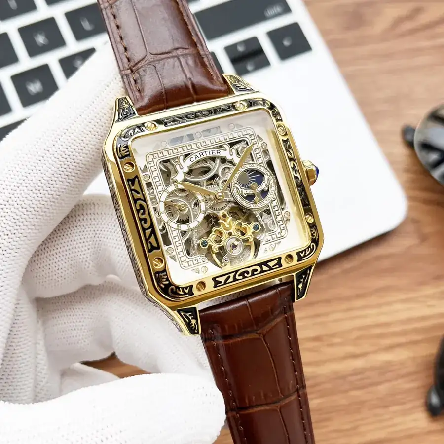 CARTIER Men's Watch with 316 Stainless Steel Case and Leather Strap