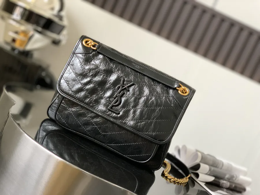 Niki Bucket Bag Black with Gold Chain Medium