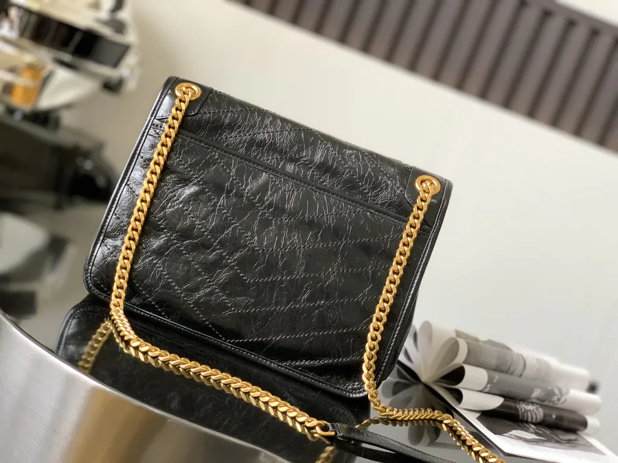 YSL Saint Laurent Premium Original Calfskin Series P720 Black Gold Chain Medium Backpack with D Clasp