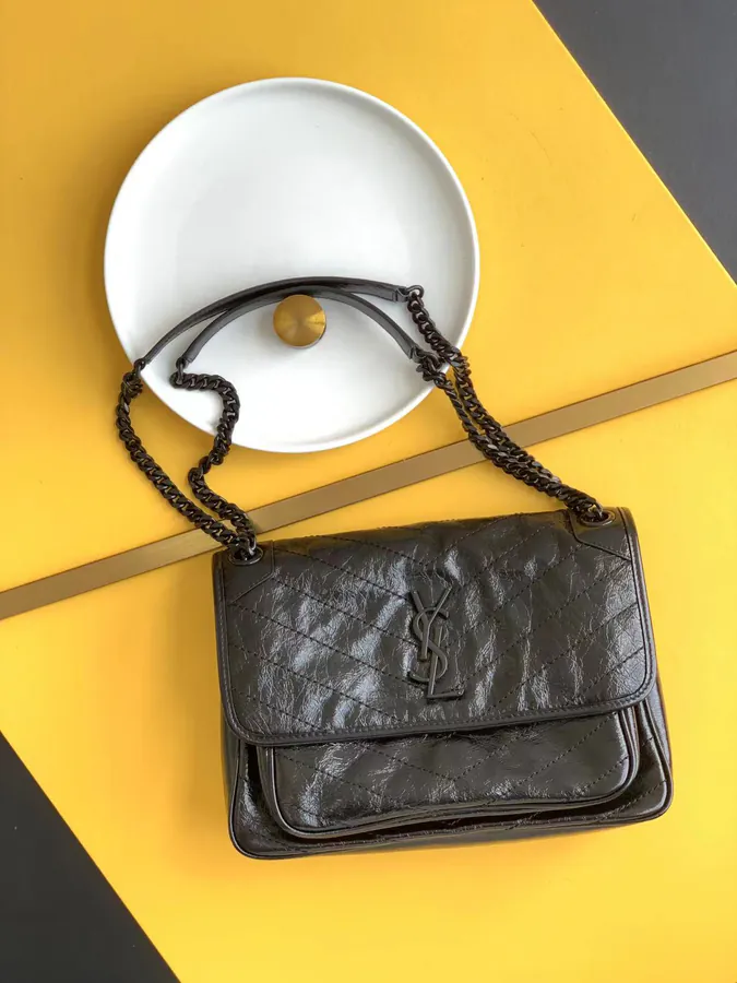Niki Bucket Bag Black Grained Calfskin with D Rings, Medium Size