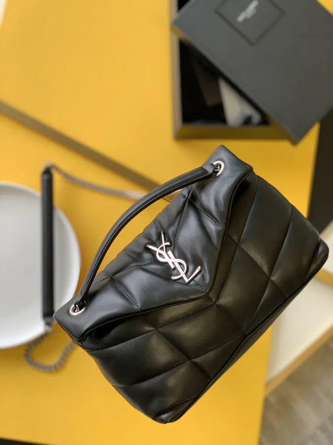 LOULOU PUFFER Black Grained Calfskin Small Bag with Silver Chain Closure