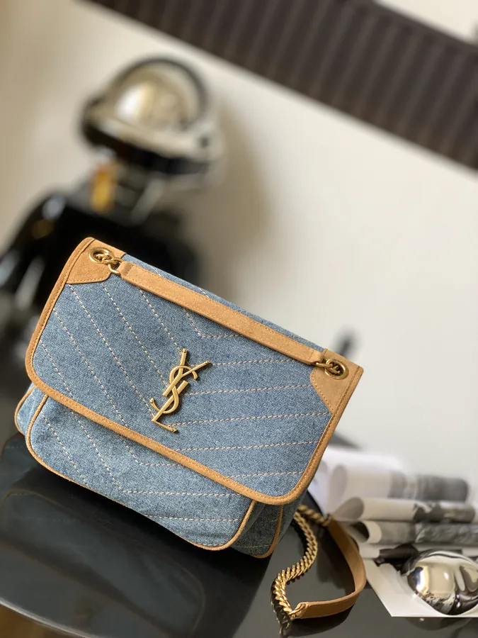 Spring Summer Niki Denim Pastry Bag with Gold Trim