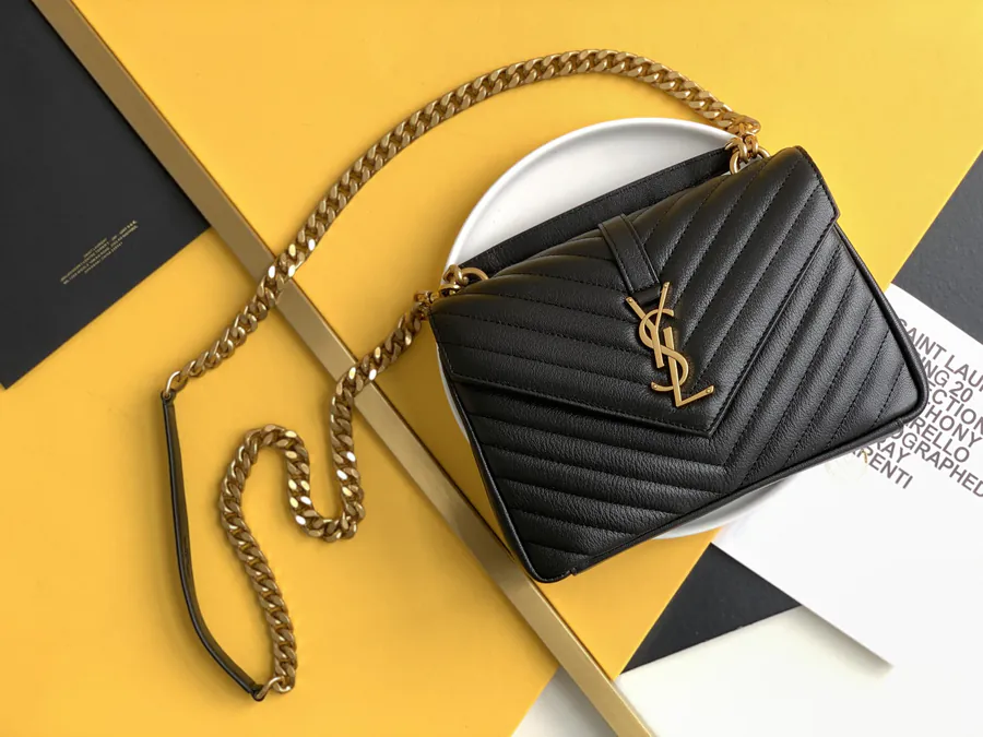 YSL Saint Laurent Premium Mail Bag 24cm Black with Gold Trim