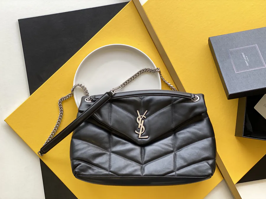 LOULOU PUFFER Black Large Bucket Bag with Gold Chain Closure