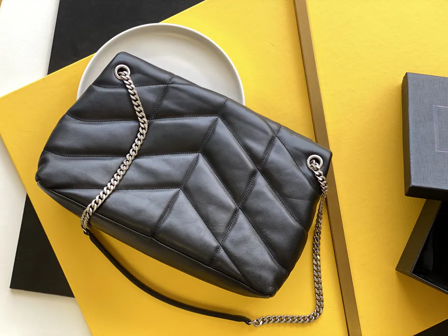 LOULOU PUFFER Black Large Bucket Bag with Gold Chain Closure