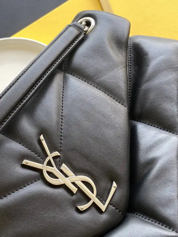 LOULOU PUFFER Black Large Bucket Bag with Gold Chain Closure