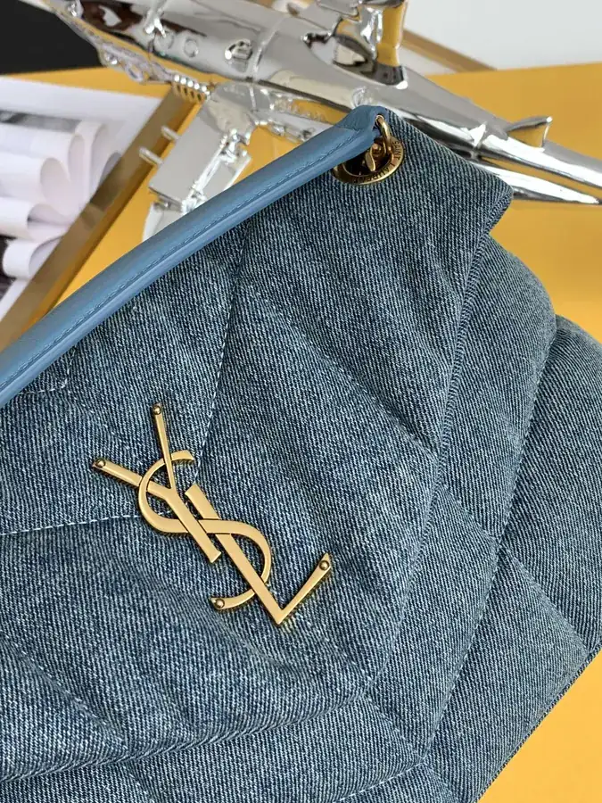 YSL Saint Laurent Puffer Bag Navy Blue with Gold Buttons