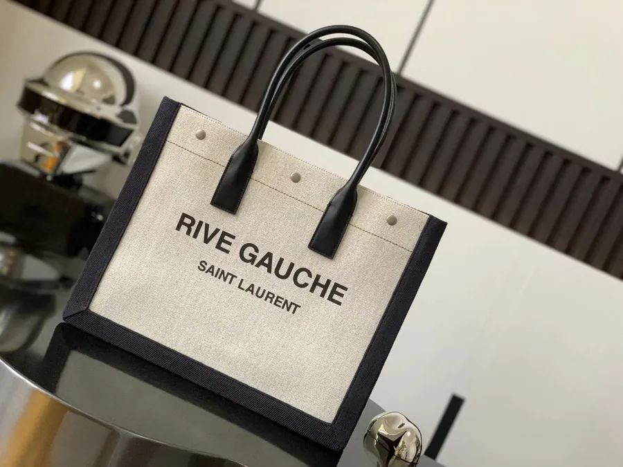 Rive Gauche Tote Bag White with Beige Trim
