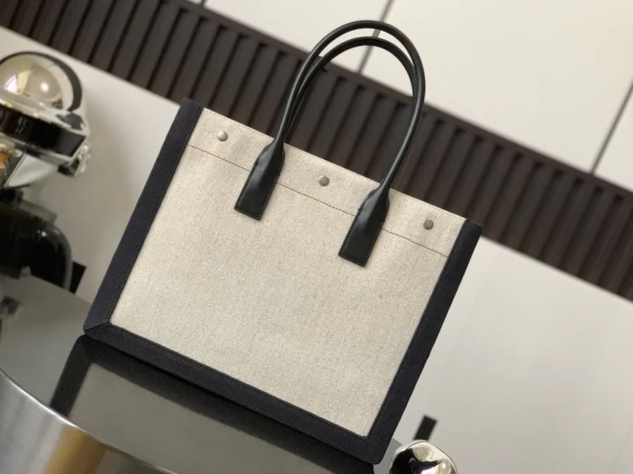 Rive Gauche Tote Bag White with Beige Trim