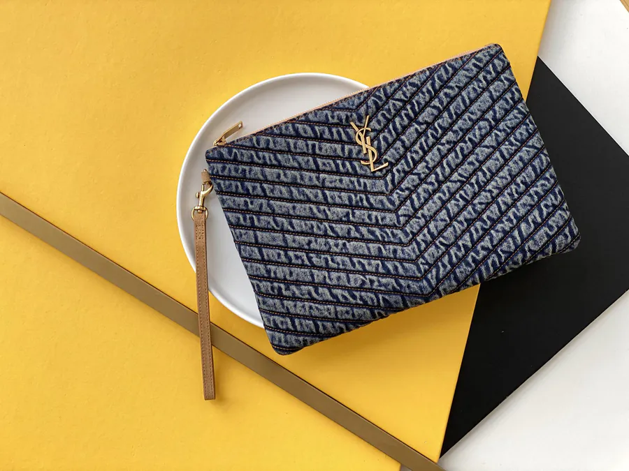 Saint Laurent Paris Denim Fabric Gold Zip Handbag